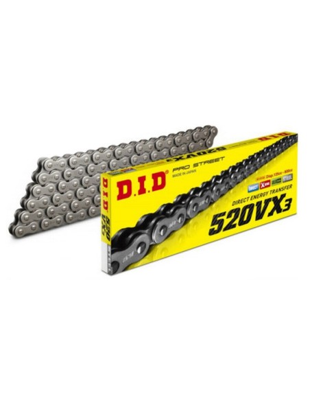 Cadena D.I.D 520 VX3 con Retenes 118Pasos/Enganche Clip/ Color Plata.