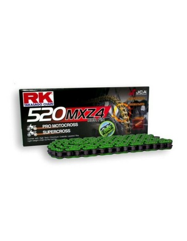 Cadena RK 520 Mxz4 Sin Retenes 120Pasos/Enganche Clip/ Súper Reforzada Color Verde.